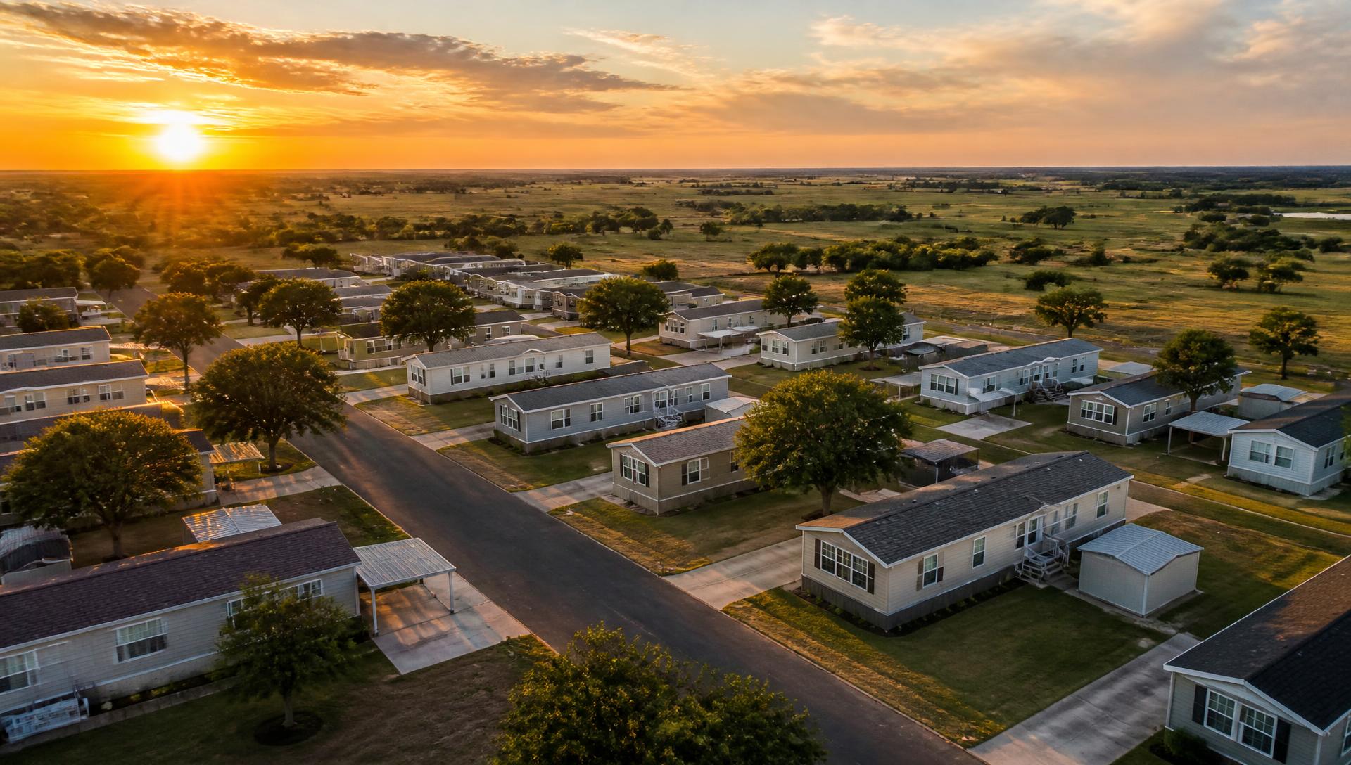 Aerial view of a well-maintained Texas mobile home park at sunset